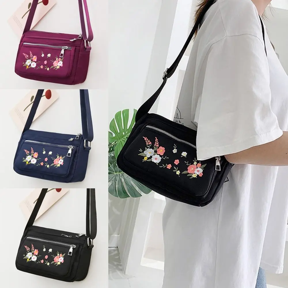 Simple Nylon Shoulder Bag Embroidery Flower Zipper Closure Messenger Bag Wear Resistant Large Capacity Mom Crossbody Bag Outdoor