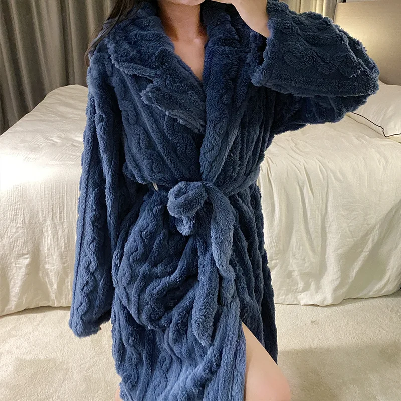 Women\'s Flannel Bathrobe with Sashes Solid Long Sleeve Ladies Dressing Gown Fleece Winter Warm Homewear Bath Robe for Female