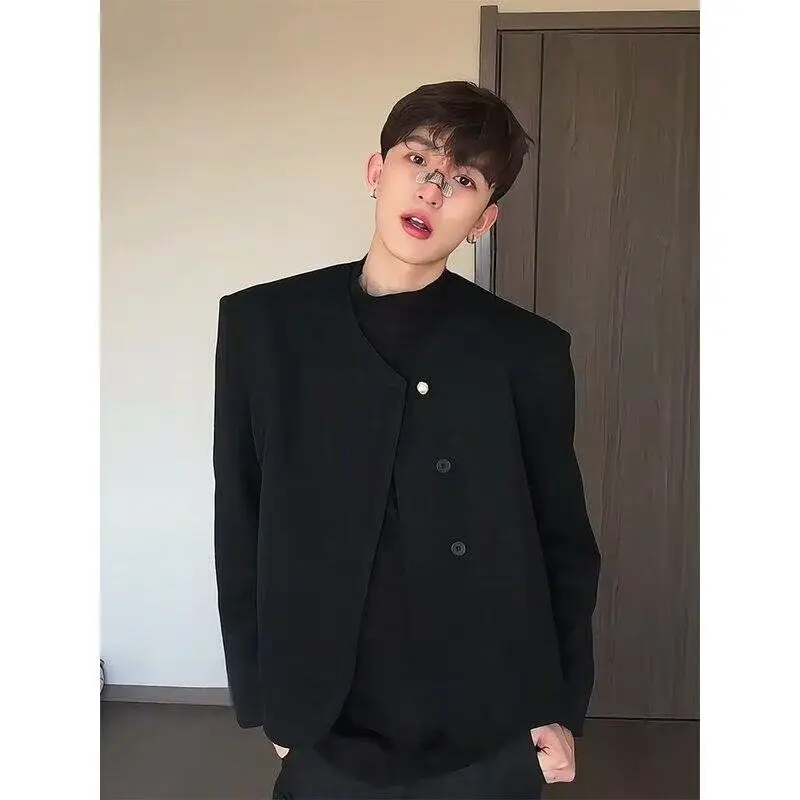 

Мужской короткий пиджак-ветровка в китайском стиле с подплечниками, весенний, черный, приталенный крой