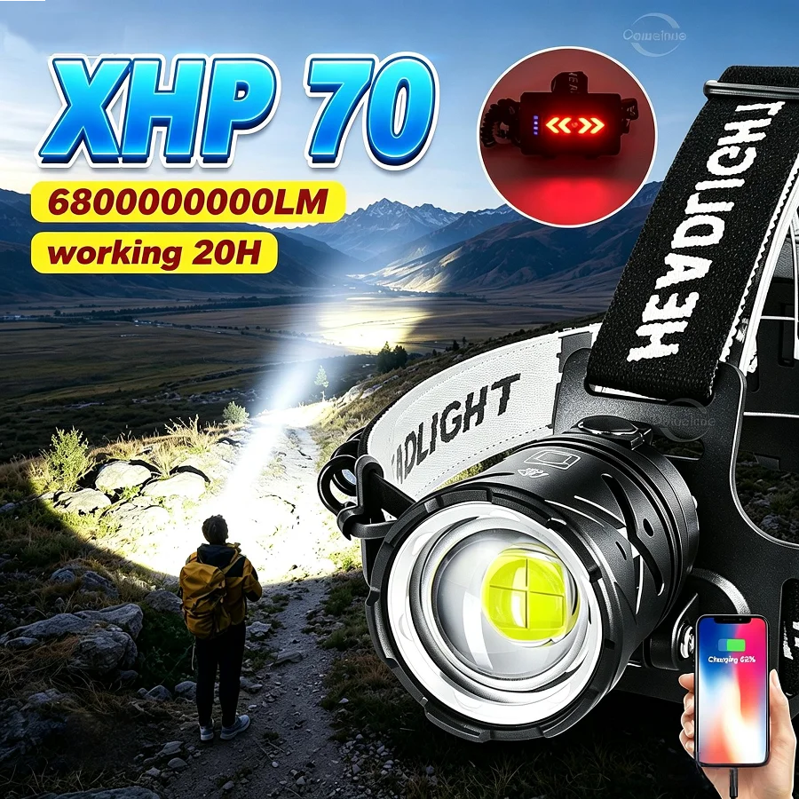 Super Powerful XHP70 Headlamp 68000000LM Ultra Powerful Rechargeable Front Head Light Zoom 2500m Fishing Hunting Head Lantern