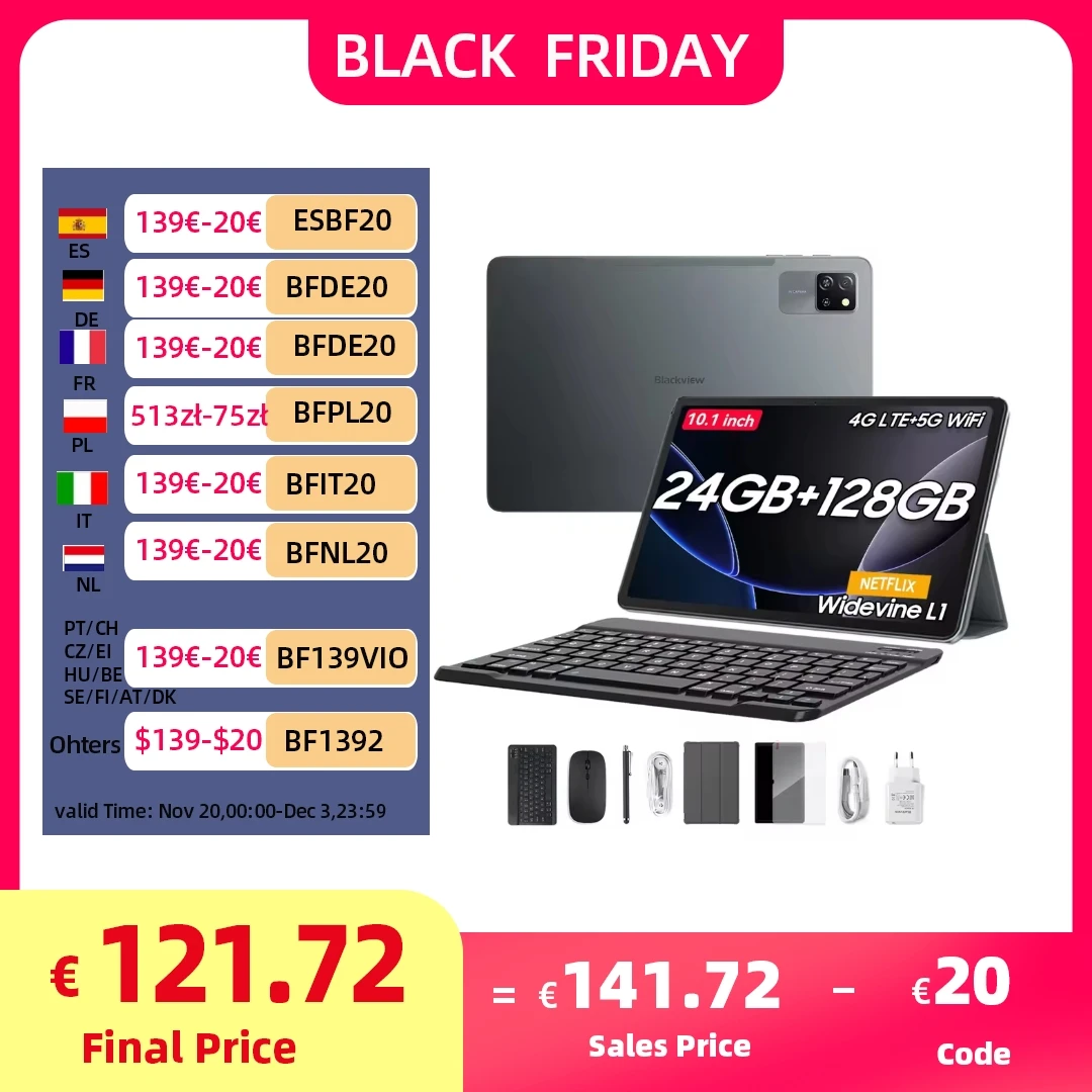 Blackview Tab60 Pro Android 15 10,1-дюймовый планшет 4G LTE 24 ГБ (8 + 16 ОЗУ 128 ГБ ПЗУ (2 ТБ TF) Сенсорный планшетный ПК с клавиатурой и мышью