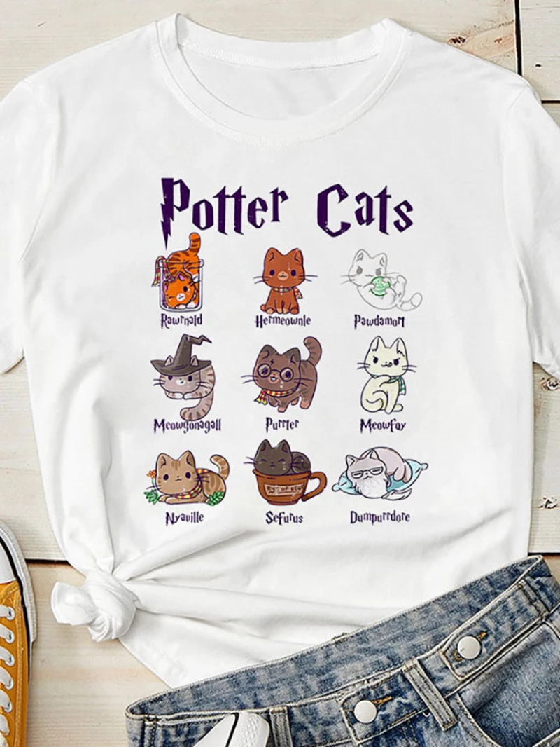 تي شيرت MINISO Cat Print تي شيرت Harry Potter Cartoon Cat Print بأكمام قصيرة