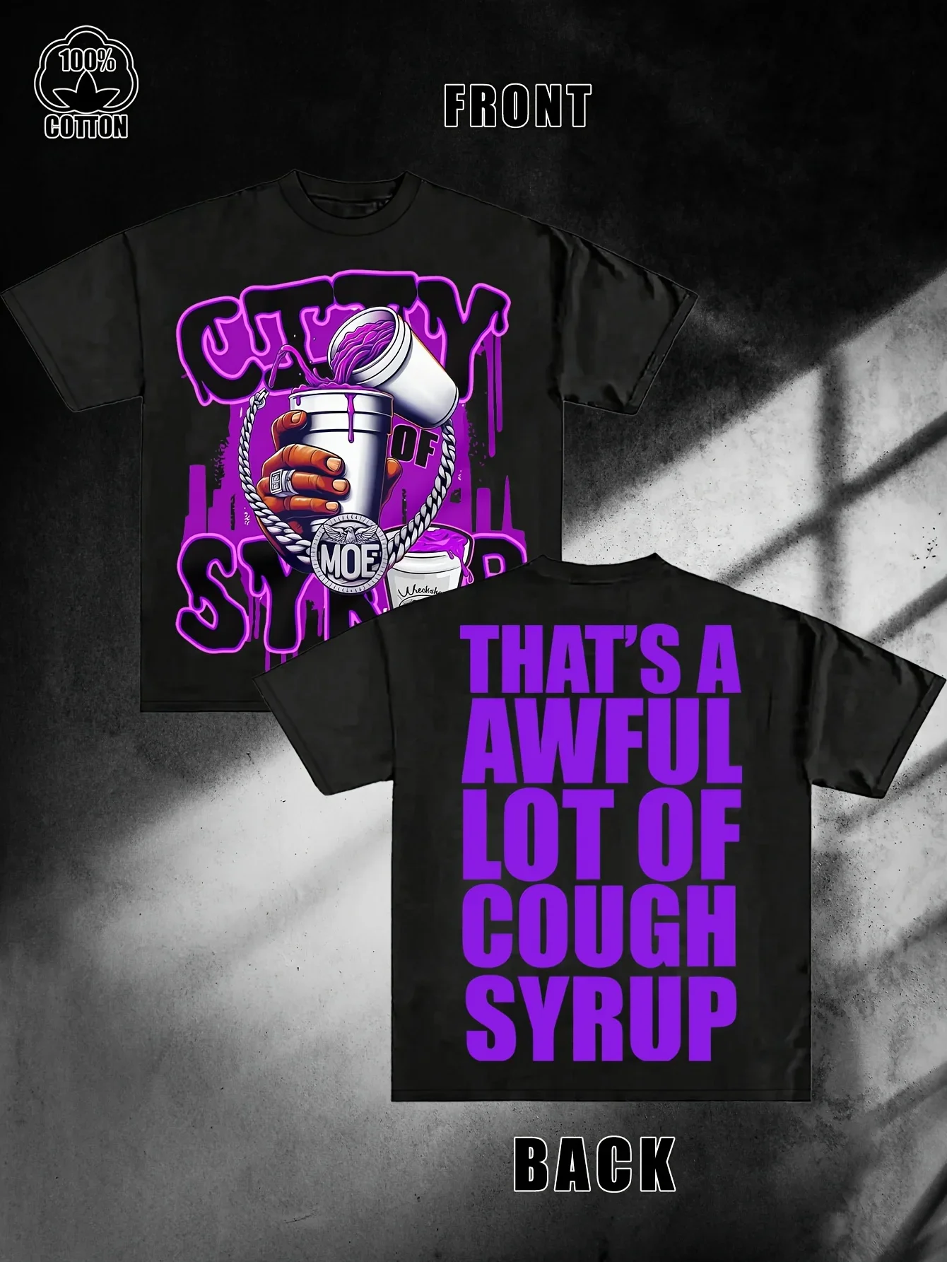 Camiseta con estampado de algodón azul marino para hombre, camiseta de manga corta con cuello redondo informal estampada "That's Terrible Cough Syrup", holgada