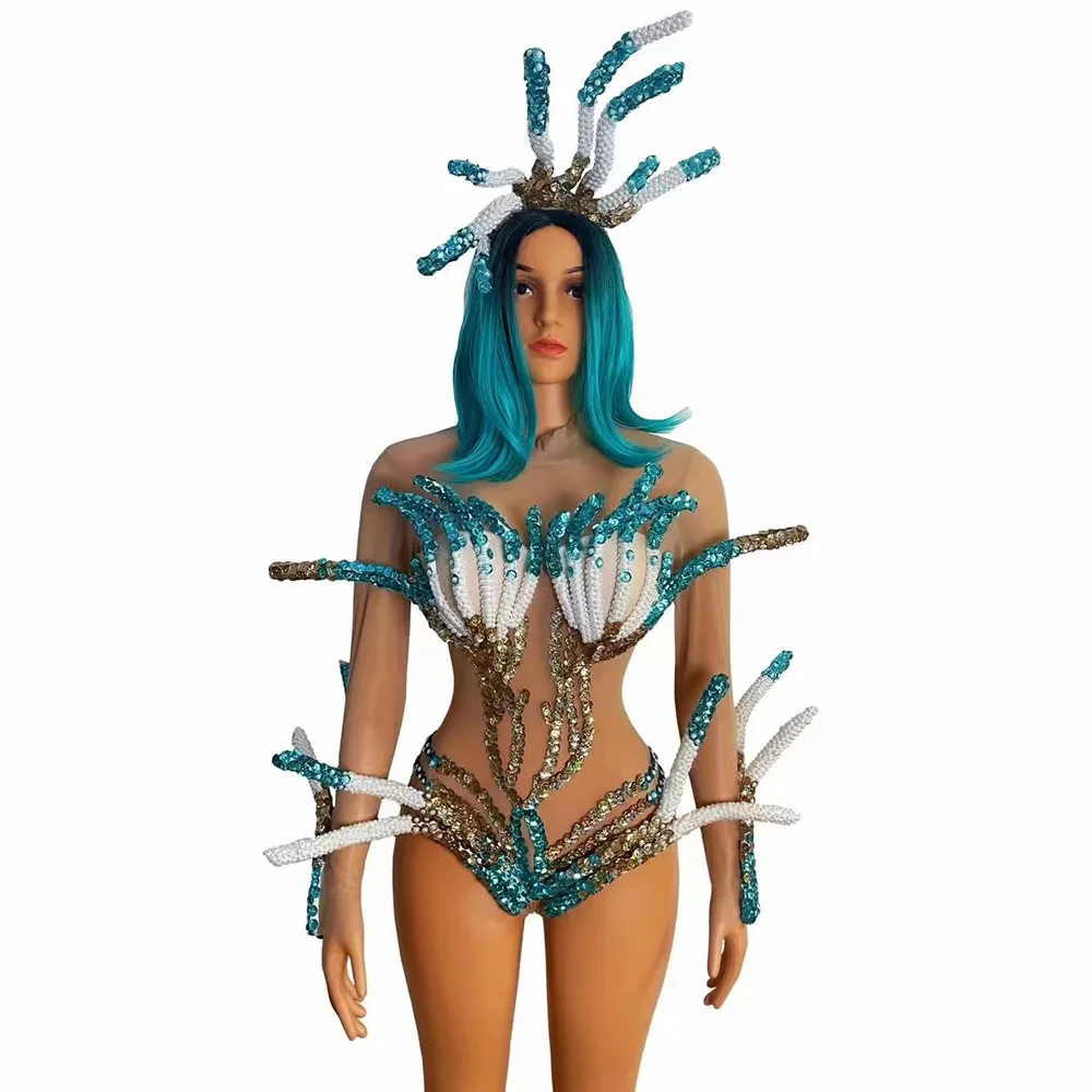 

Halloween Diamond Explosion Sparkling Pearl Headwear DJ events Party Short Dress Stage Costumes