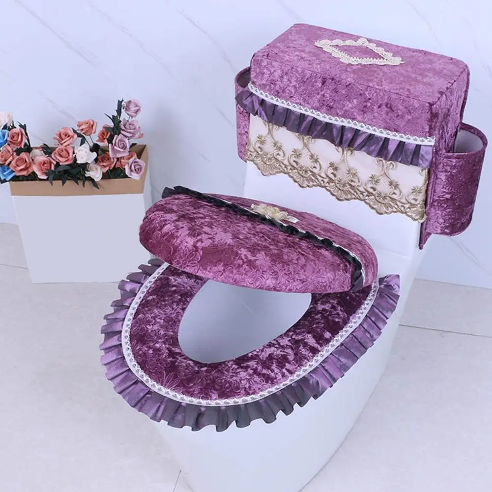 Toilet Tank Cover with Side Pockets Non-pilling Toilet Seat Protector Plush Flannel Toilet Tank Cover with Lace Trim Side