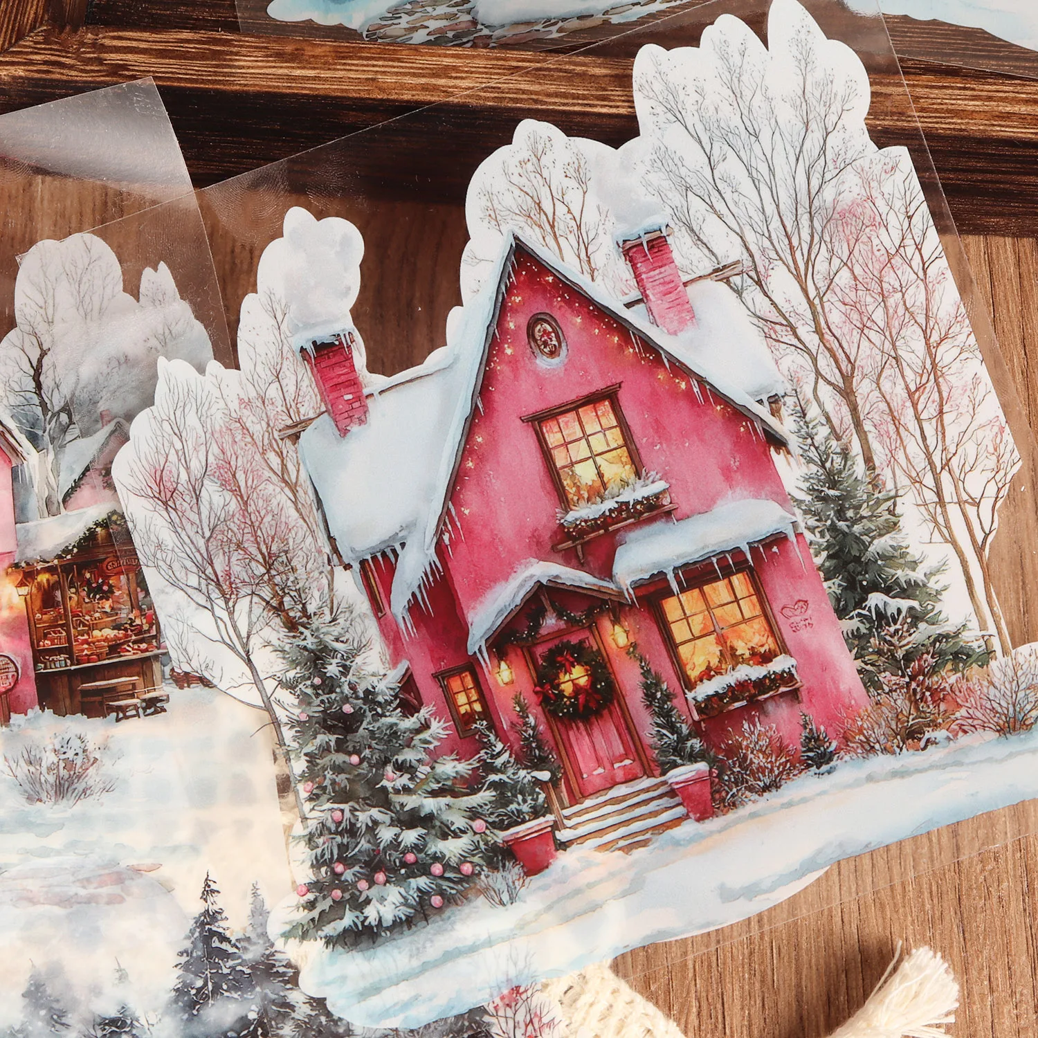 12 Blatt PET-Aquarell-Rosa-Weihnachtshütte, große selbstklebende Aufkleber, für Scrapbooking-Zubehör, Hintergrundaufkleber – Detail 5
