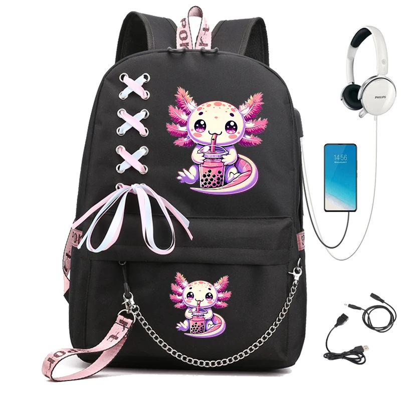 Boba Axolotl Bubble Tea Anime Teens Backpack Back Pack Kawaii Waterproof School Students Junior High School Bag Backpack Mochila