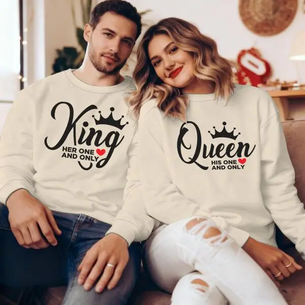 

Подарки ко Дню святого Валентина, винтажная корона, одинаковый свитшот для пары с длинными рукавами и круглым вырезом, милый пуловер для мужа и жены