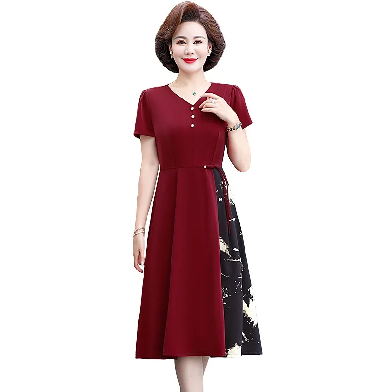 

Women's Clothing New Elegant Fashion Casual Patchwork Printing Short Sleeve Temperament V Neck office Dresses