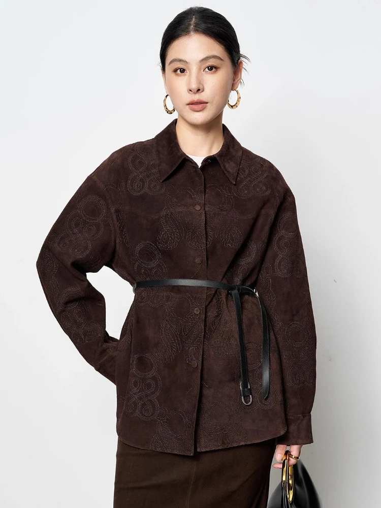 

Vintage Genuine Leather Embroidery Jackets for Women Autumn Winter High-end Simple Casual Real Goatskin Leather Coat with Belt