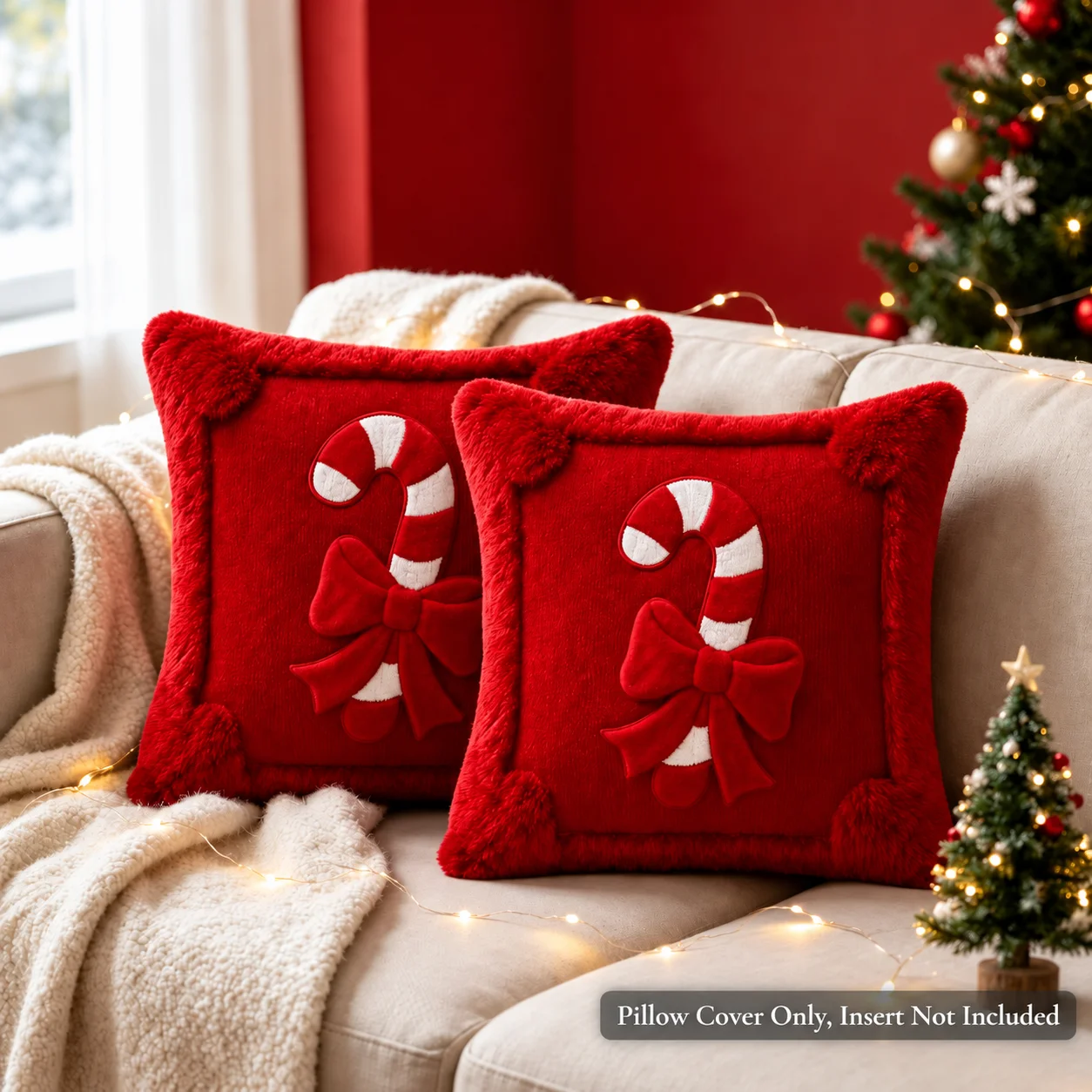 Candy Cane Christmas Throw Pillow Cover, Red Faux Fur Plush‑Look Xmas Cushion Case, Bow Winter Holiday Sofa Home Decor