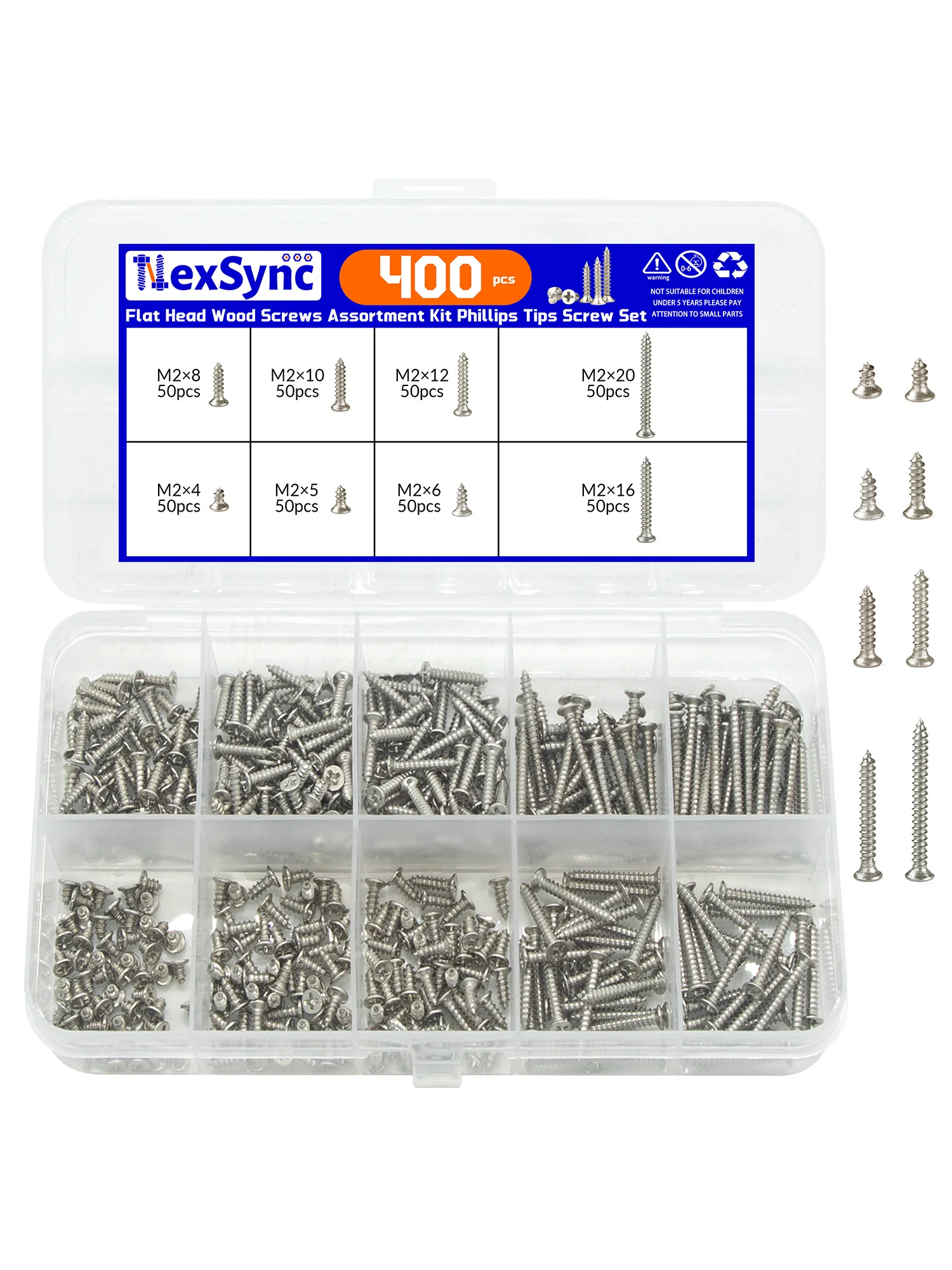 400-teiliges Sortiment an Holzschrauben mit Flachkopf, Phillips-Spitzen, M2x4mm-20mm, selbstschneidende Schrauben, Holzschrauben