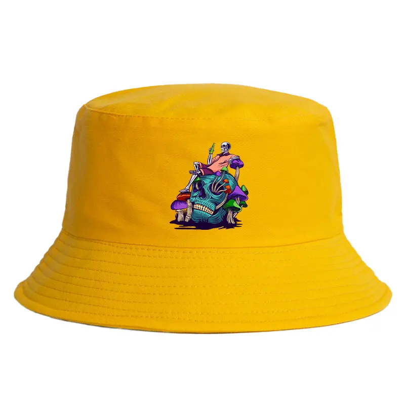 

Summer Woman Man Reversible Bucket Hat Mushroom Alcohol Skull Pattern Fisherman Cap Unisex Vintage Hip-hop Streetwear Cap
