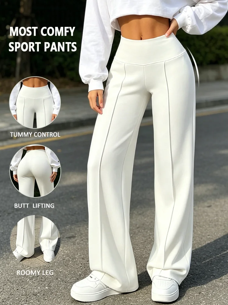 Lady's Elegant White Wide-Leg Pants, Made of Durable Fabric. Suitable for Daily or Formal Occasions, Workouts, Yoga, and Sports.