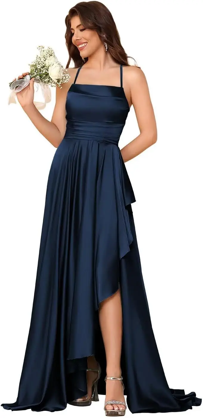 

Satin Bridesmaid Dresses for Women A Line Halter Side Slit Formal Dress Maid of Honor Dresses for Weddings Evening Dresses