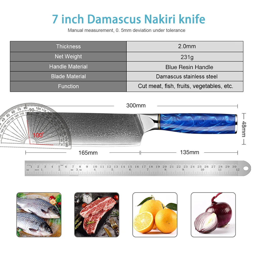 Damascus Nakiri Knife Japanese Damascus VG10 Steel Kitchen Knife, Ultra Sharp Vegetable Knife with Ergonomic Blue Resin Handle