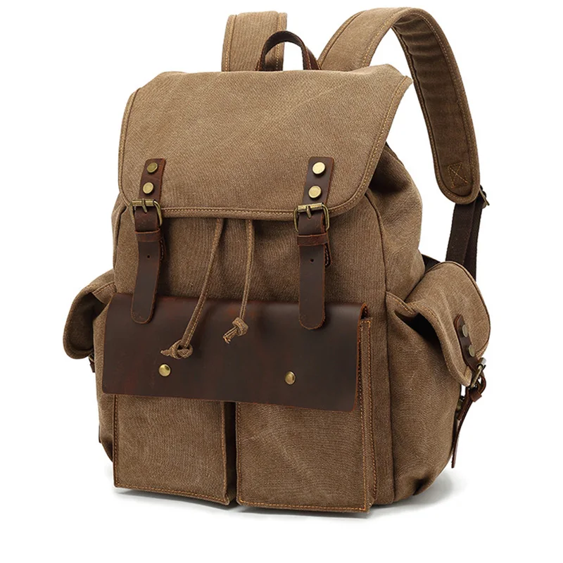 Spacious Drawstring Flap Rucksack Double Shoulder Bag Vintage Brown Canvas Backpack with Genuine Crazy Horse Leather Trim
