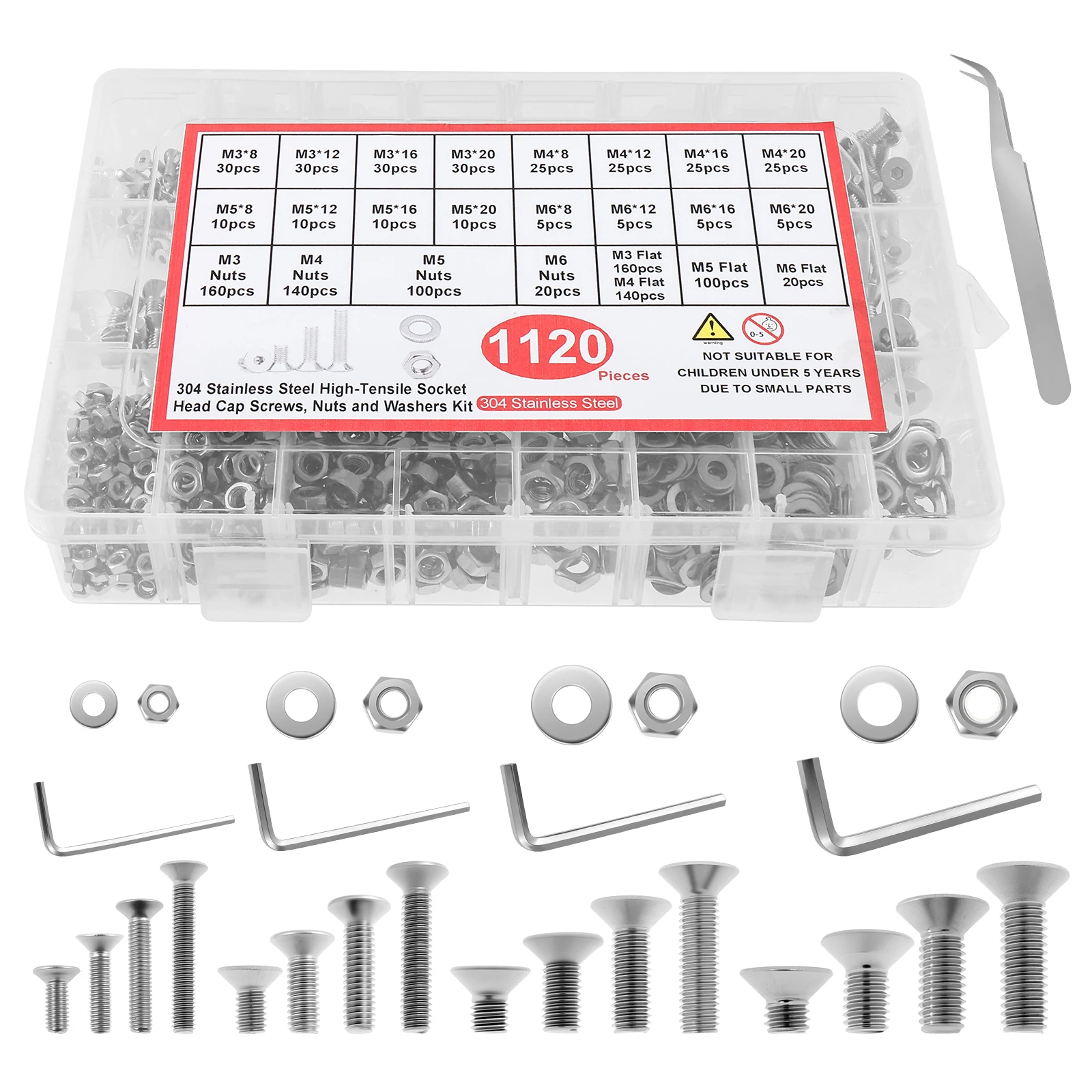 

1120 шт. M3 M4 M5 M6 Набор винтов с потайной головкой и футляром для хранения Винты из нержавеющей стали, гайки и шайбы в ассортименте для дома