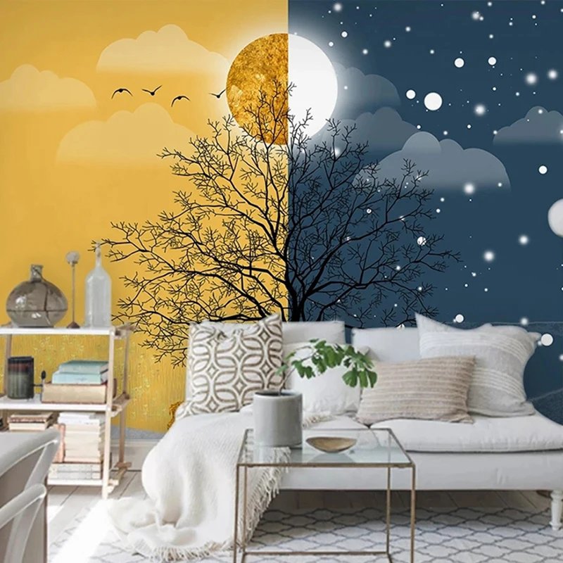Personality Sun Moon Tree Scenery Abstract Photo Mural Custom Art Wallpaper Children's Room Background Wall Decoration Painiting