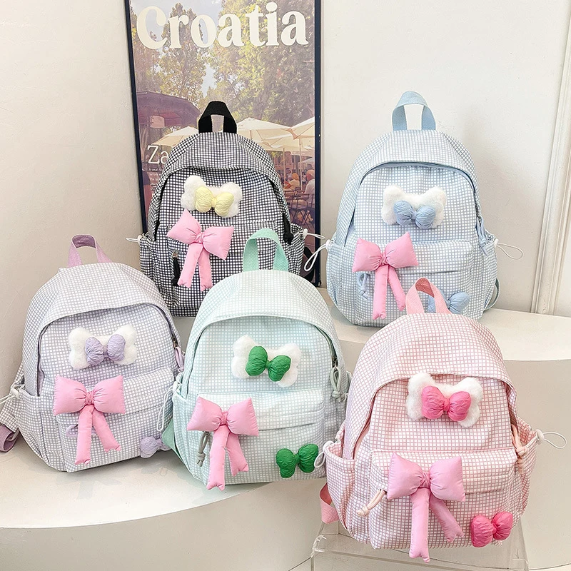 

Japanese Cute Bow Simple Plaid Girls Backpack Student School Bag Large Capacity Kawaii Storage Bag Back To School Woman Bags