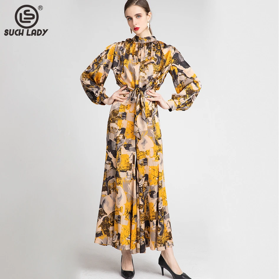 

Women's Two Piece Pants Sets Stand Collar Long Sleeves Printed Lace Up Blouse with Floral Maxi Pant Fashion Twinset