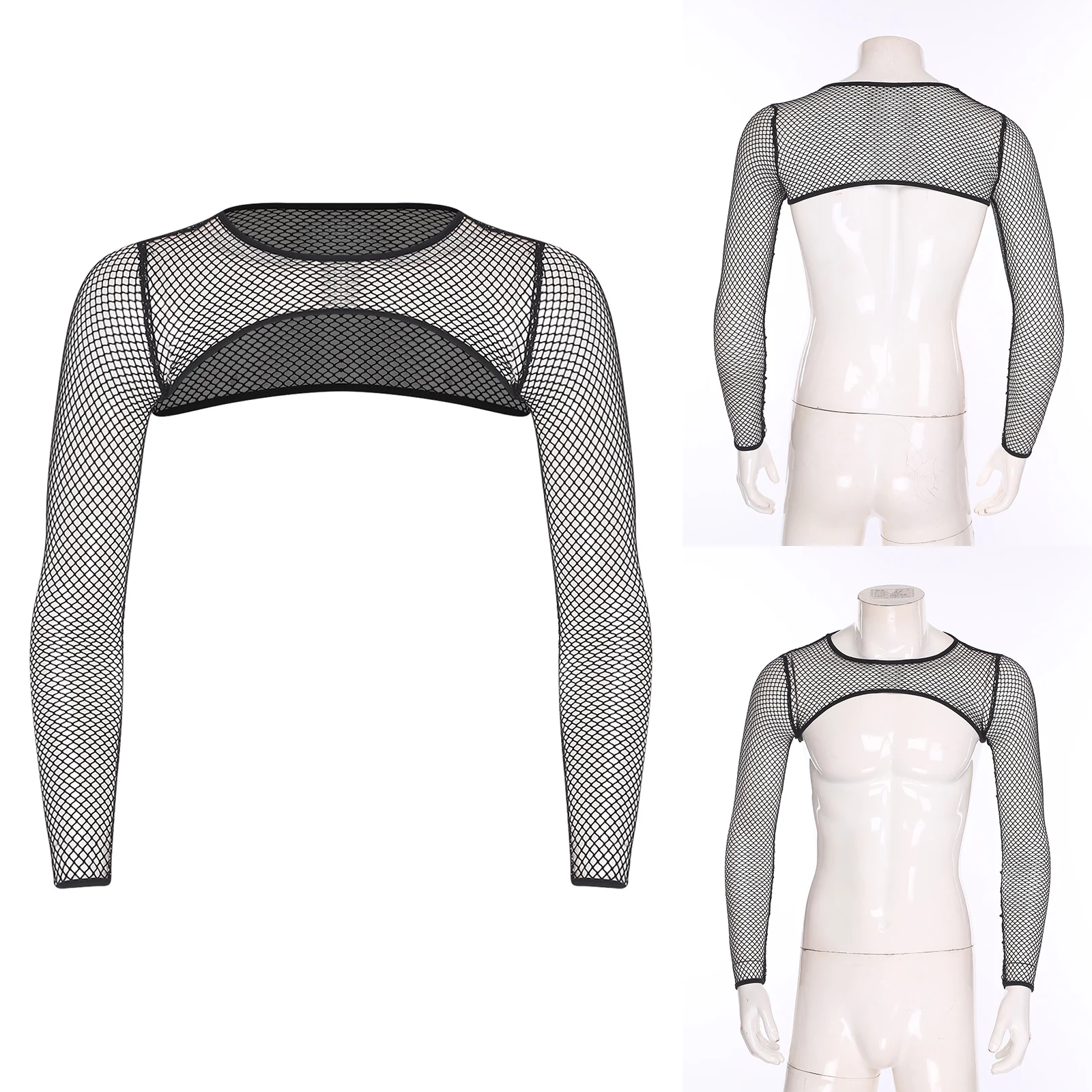 

Men See Through Fishnet Cropped Top Crew Neck Long Sleeve Shoulder Wrap Shrugs Crop Top for Showing Muscle And Body Shrugs