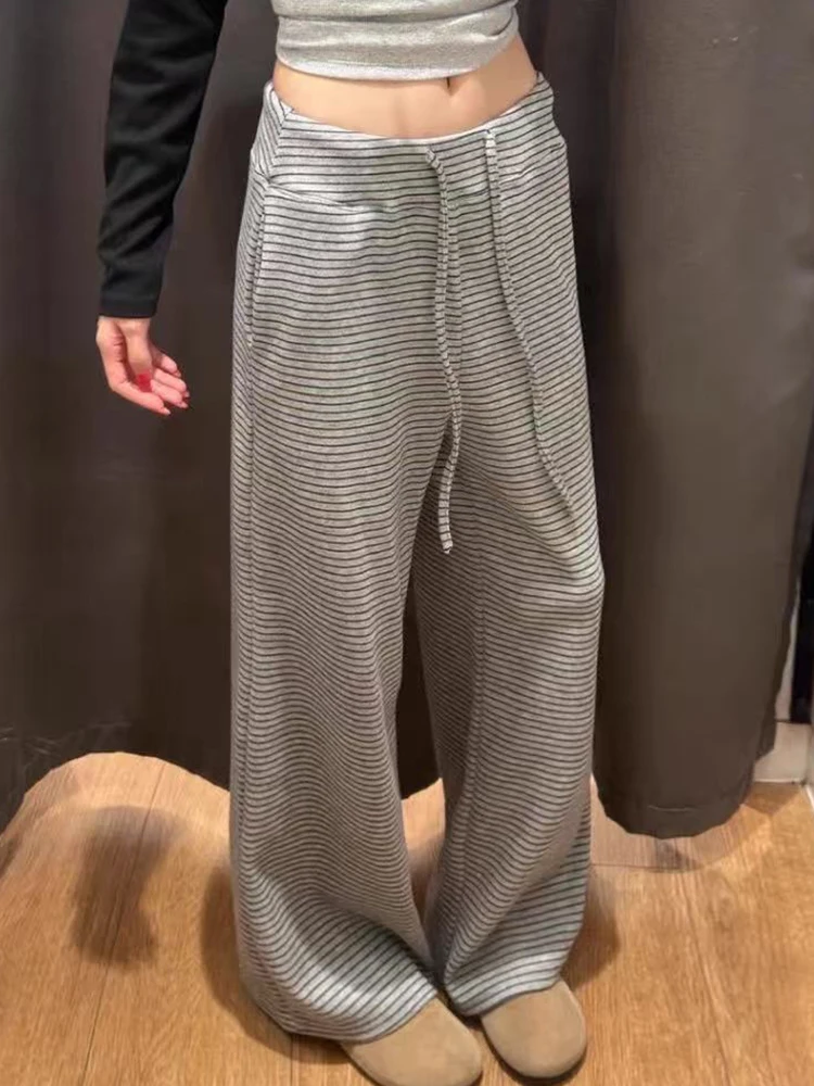 

Striped Wide Leg Pants for Women Winter Thick High Waist Drawstring Casual Jogging Pants Y2K Loose Streetwear Straight Trousers