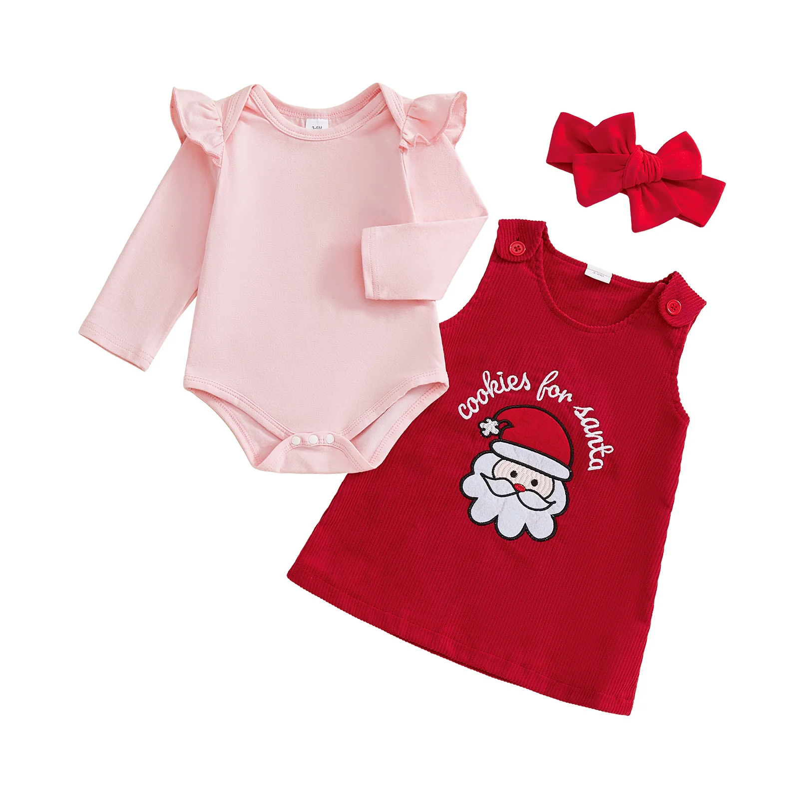 

Baby Girls Christmas 3 Piece Outfit Cute Long Sleeve Round Neck Solid Color Jumpsuit Headband Santa Claus Embroidery Dress Set