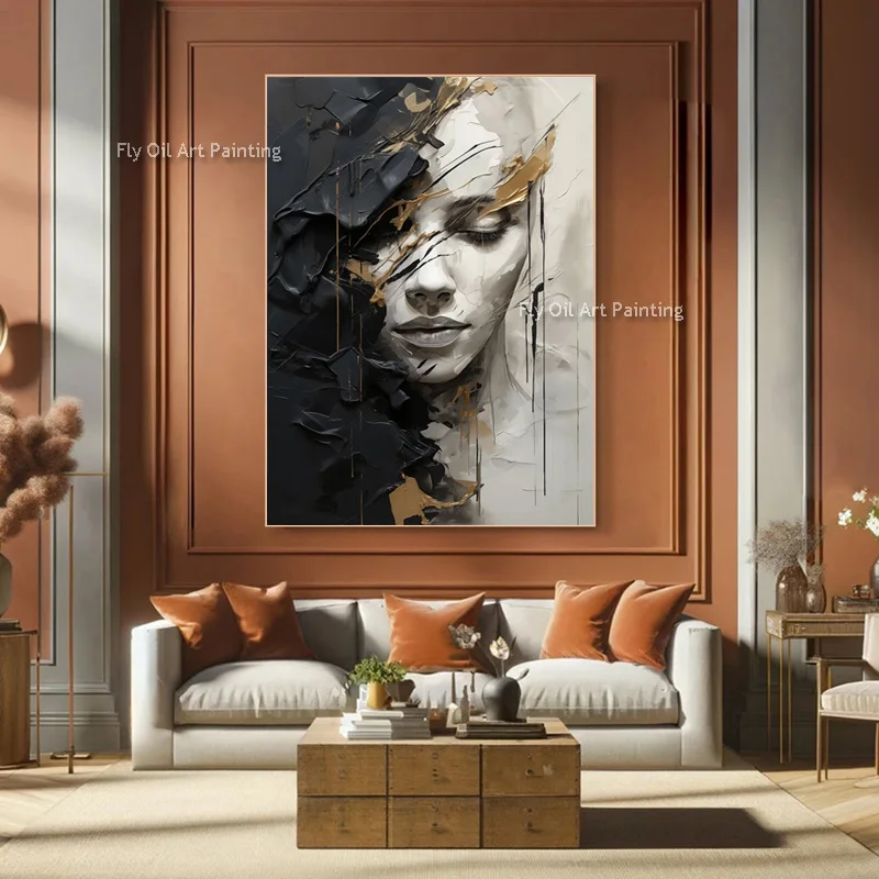 Black Grey Popular People Face Knife Thick Oil Painting Handmade Black White Canvas Wall Art Decor For Home Abstract Men Artwork