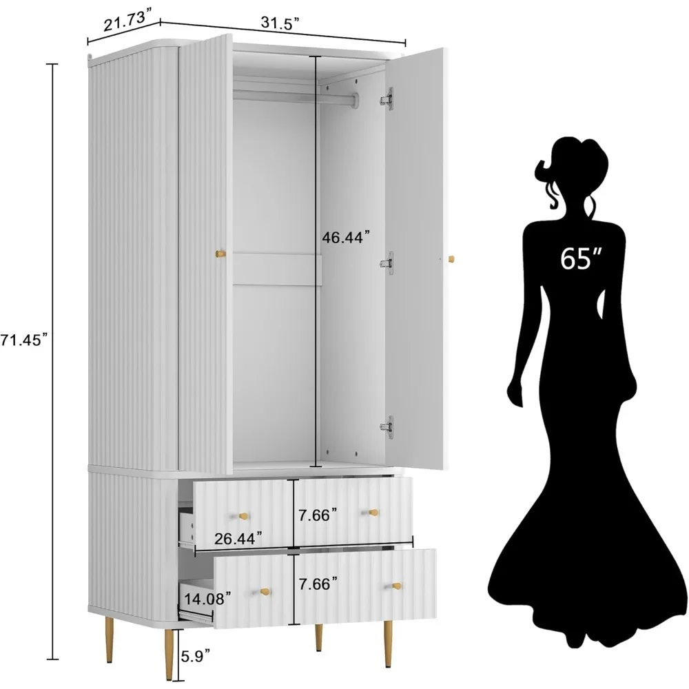 خزانة ملابس خشبية كبيرة الحجم بطول 72 طويل القامة مع قضيب تعليق وأدراج لتخزين غرفة النوم