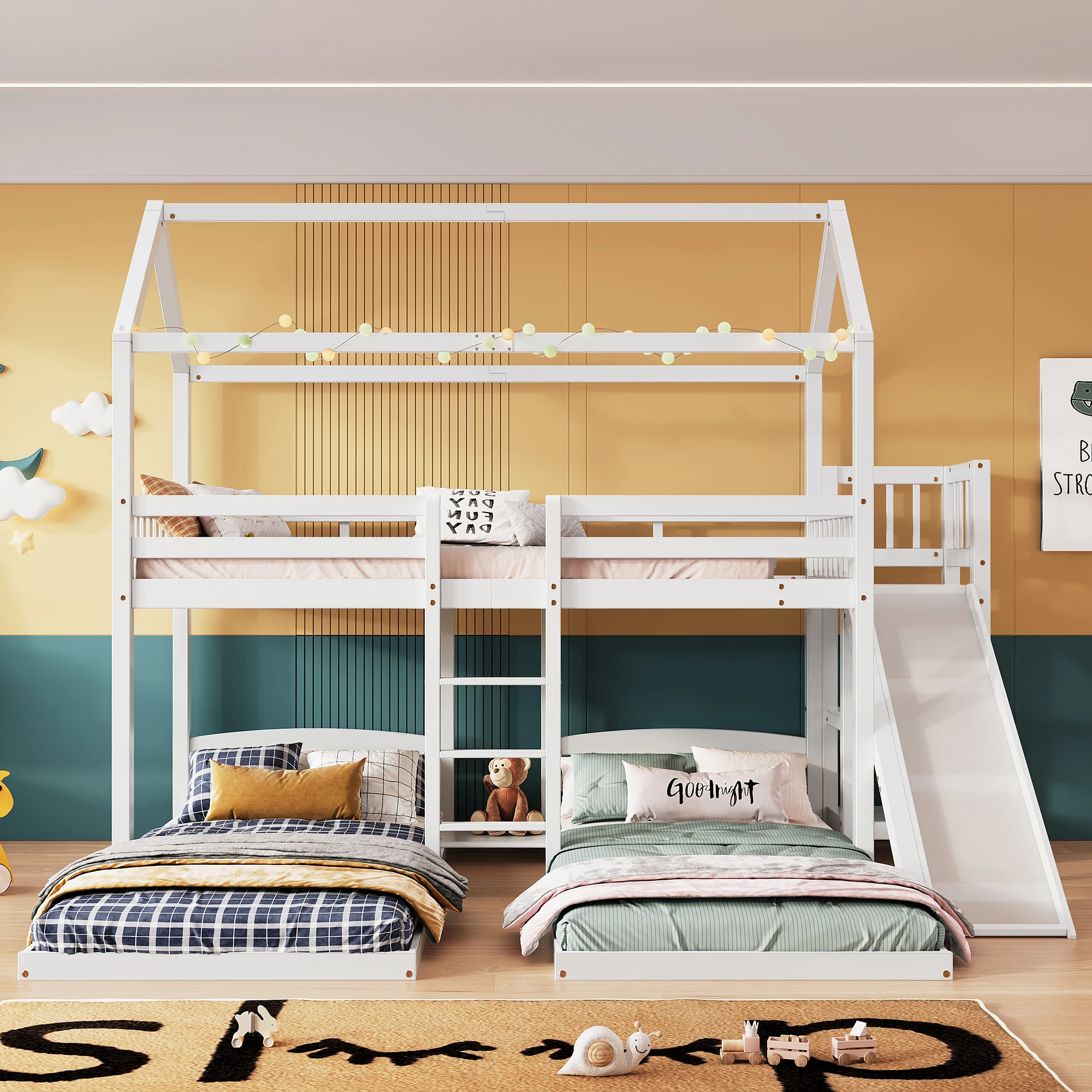 Floor bed, House Bed, Floor bed with Slide, Open Shelf with Three Tier Ladder, Designed with Three bed Positions