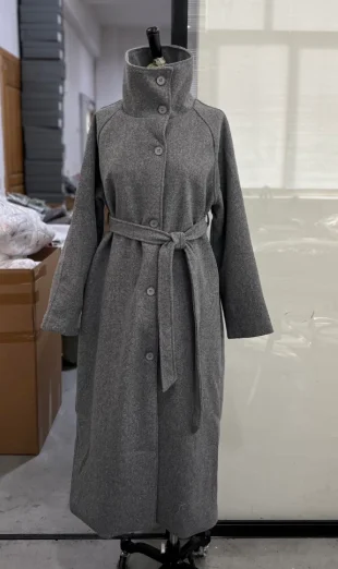 Eleganter Taillenmantel mit Stehkragen für Damen, schlicht, volle Ärmel, einreihig, lange Wolljacke, Winter- und Herbst-Outdoor-Outfits