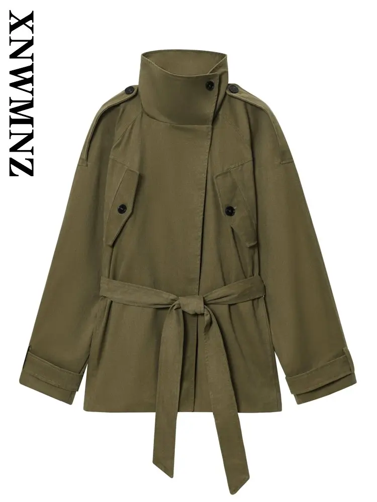 

XNWMNZ 2025 Autumn Lady Fashion Casual Long Sleeve Overcoat Commuting Simple Woman's Green Stand Collar Vintage Windproof Coat