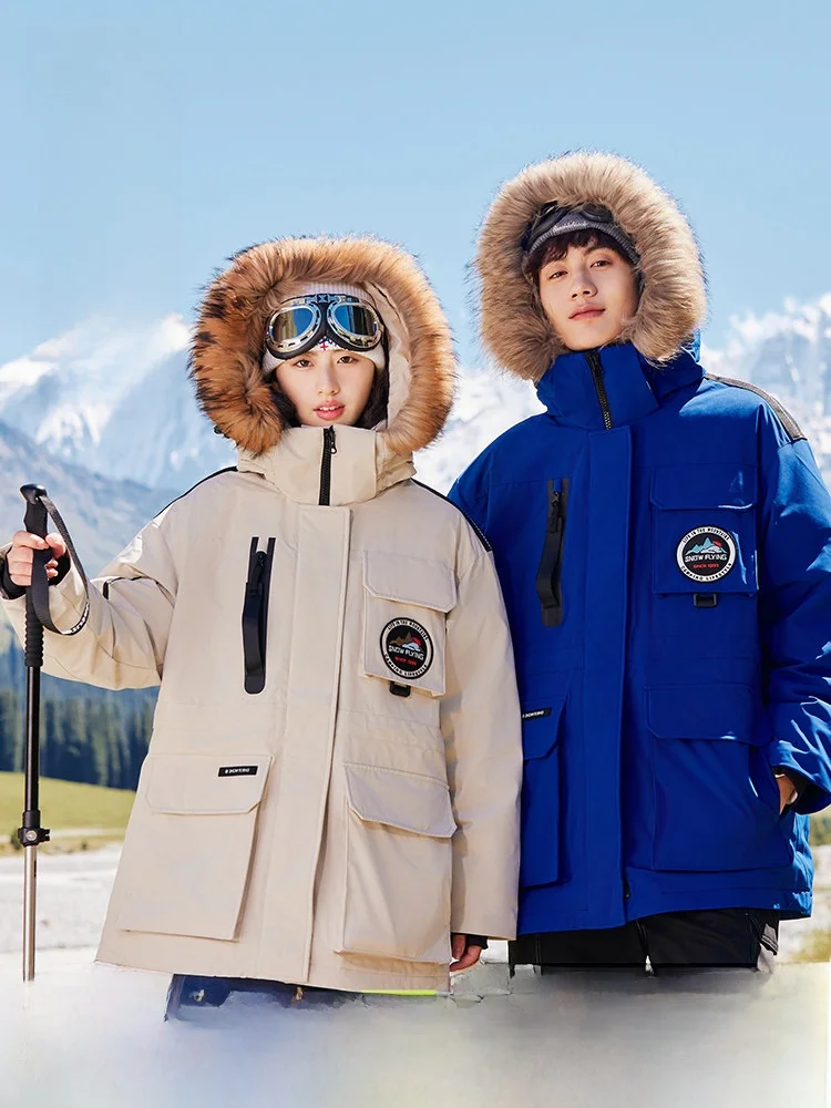 

ex Goose down Jaet Snow Flng Winter Coat Men's Women's Fur Collar Couples Outwear Polyester Fiber Long Sve ort M...