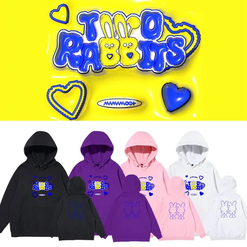 MAMAMOO TWO RABBITS Hoodies Kpop Fashion Rabbit Pattern Autumn Loose Sweatshirt Men Women Korean Street Casual Oversized Hoodie