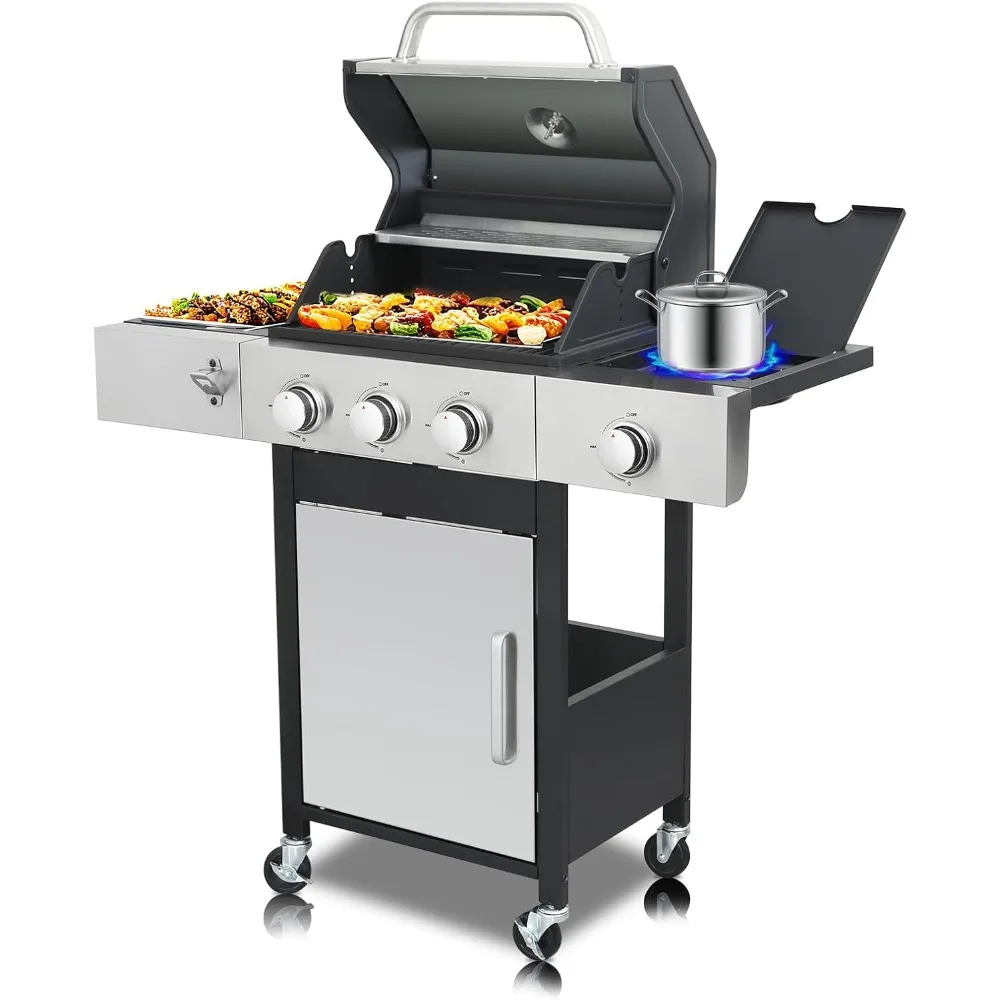 

Gas Grill 3 Burner Propane BBQ Grill with Side Burner Foldable Side Table Stainless Steel Barbecue Grill Wire Enamel Cast Iron C
