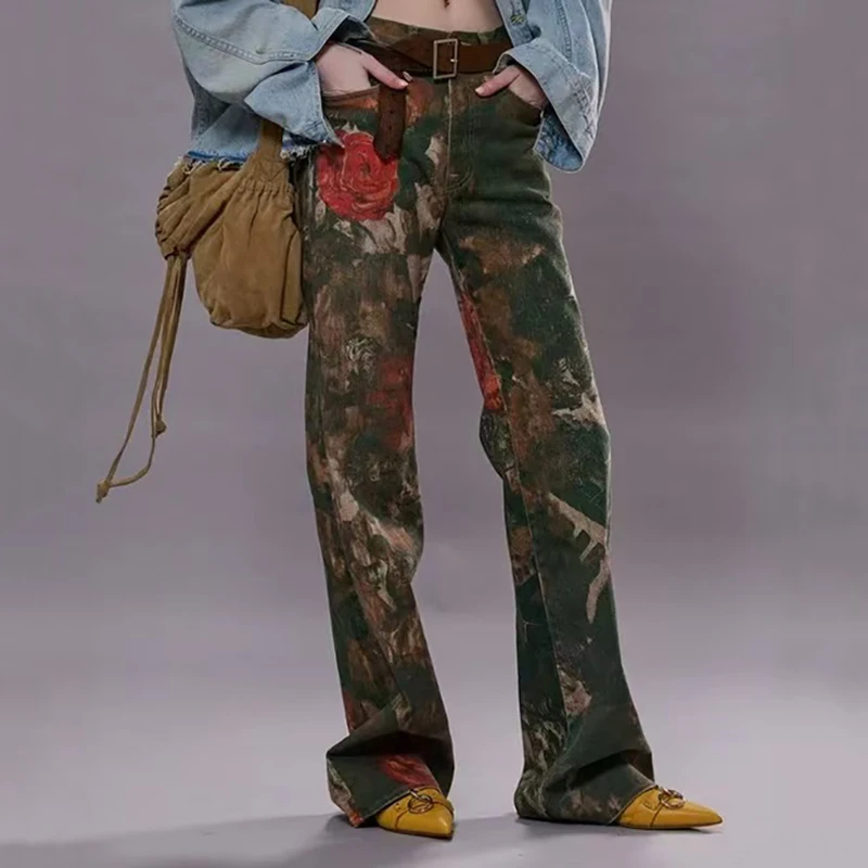 

Women's Vintage Camouflage Floral Distressed Jeans Stylish, Slim-Fit, Versatile Flared Pants High-Quality Trousers