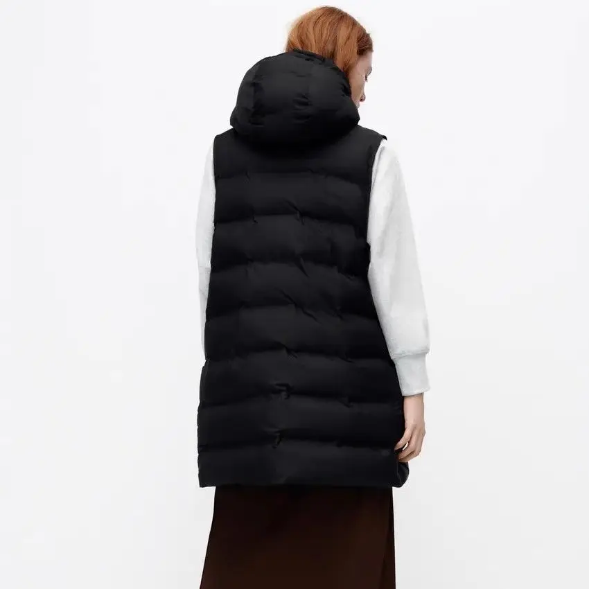 Women Black Sleeveless Puffer Jacket Autumn Winter Hooded Korean Thick Medium Long Vest Cotton Padded Coat Female Parkas Mujer