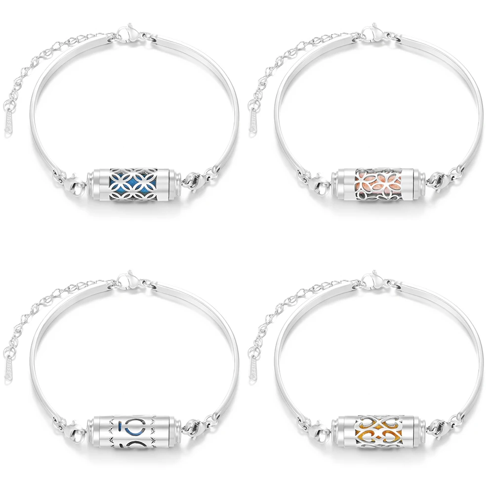 

Stainless Steel Aromatherapy Diffuser Bracelet Perfume Essential Oil Lockets Women Wristband Strap Hollow Pattern Bangle Jewelry