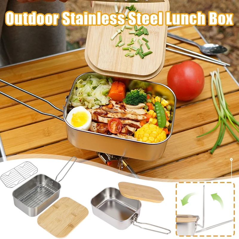 

Lunch Box with Folding Handle Stainless Steel Camping Cooking Set Camping Barbecue Soup Pot Portable Heatable Storage Container