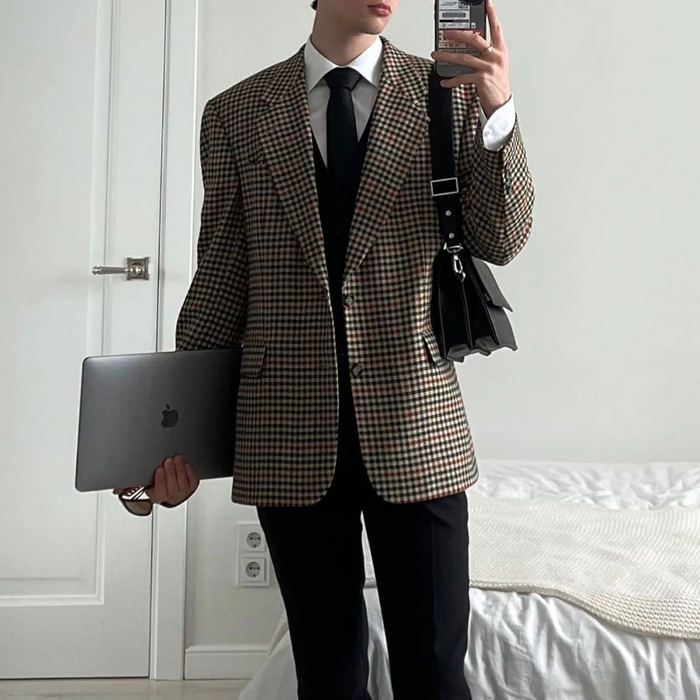 Men's Casual Checkered Blazer Suit Office Daily Commute Business Travel Shopping 2 Piece Small Grid Pattern Notch Lapel Set
