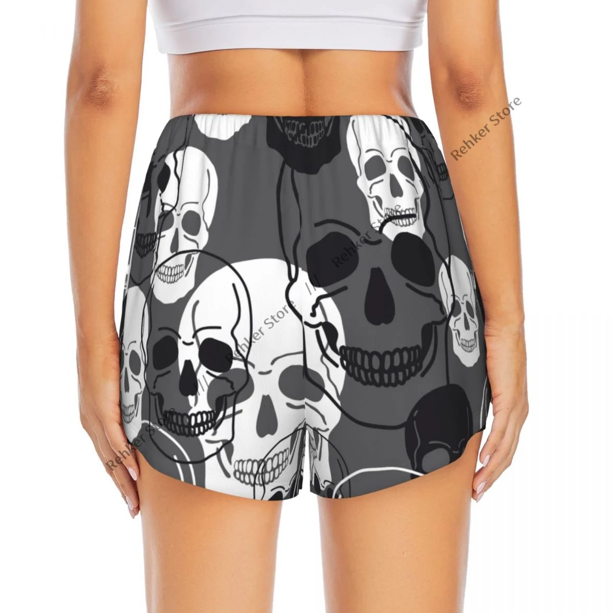 Calções esportivos femininos abstratos crânios impressão moderna correndo yoga fitness treinamento de badminton de secagem rápida com bolso