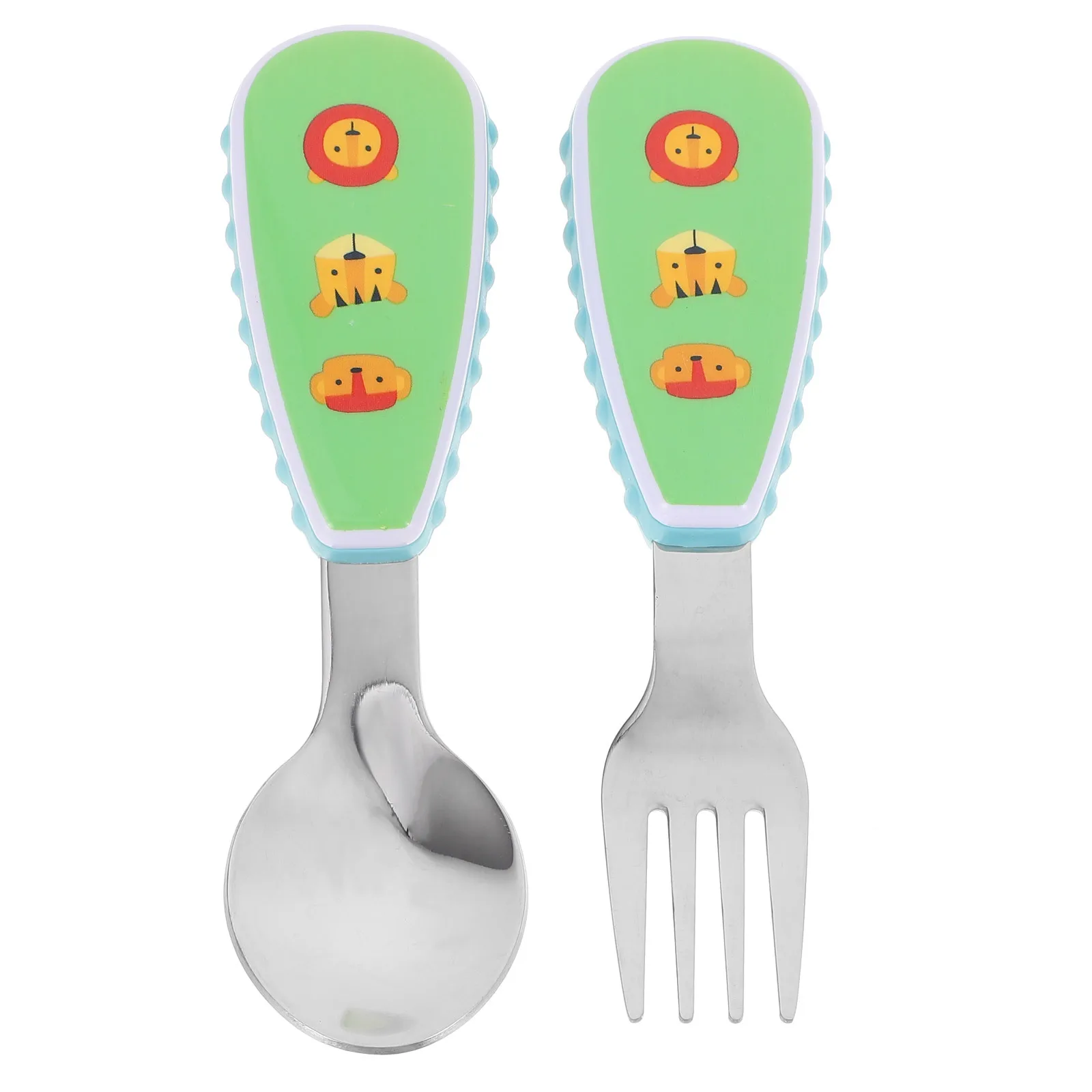 

1 комплект инструментов для кормления младенцев, набор ложек и вилок из нержавеющей стали, мультяшный дизайн, изогнутая голова, гладкая поверхность, легкий портативный детский
