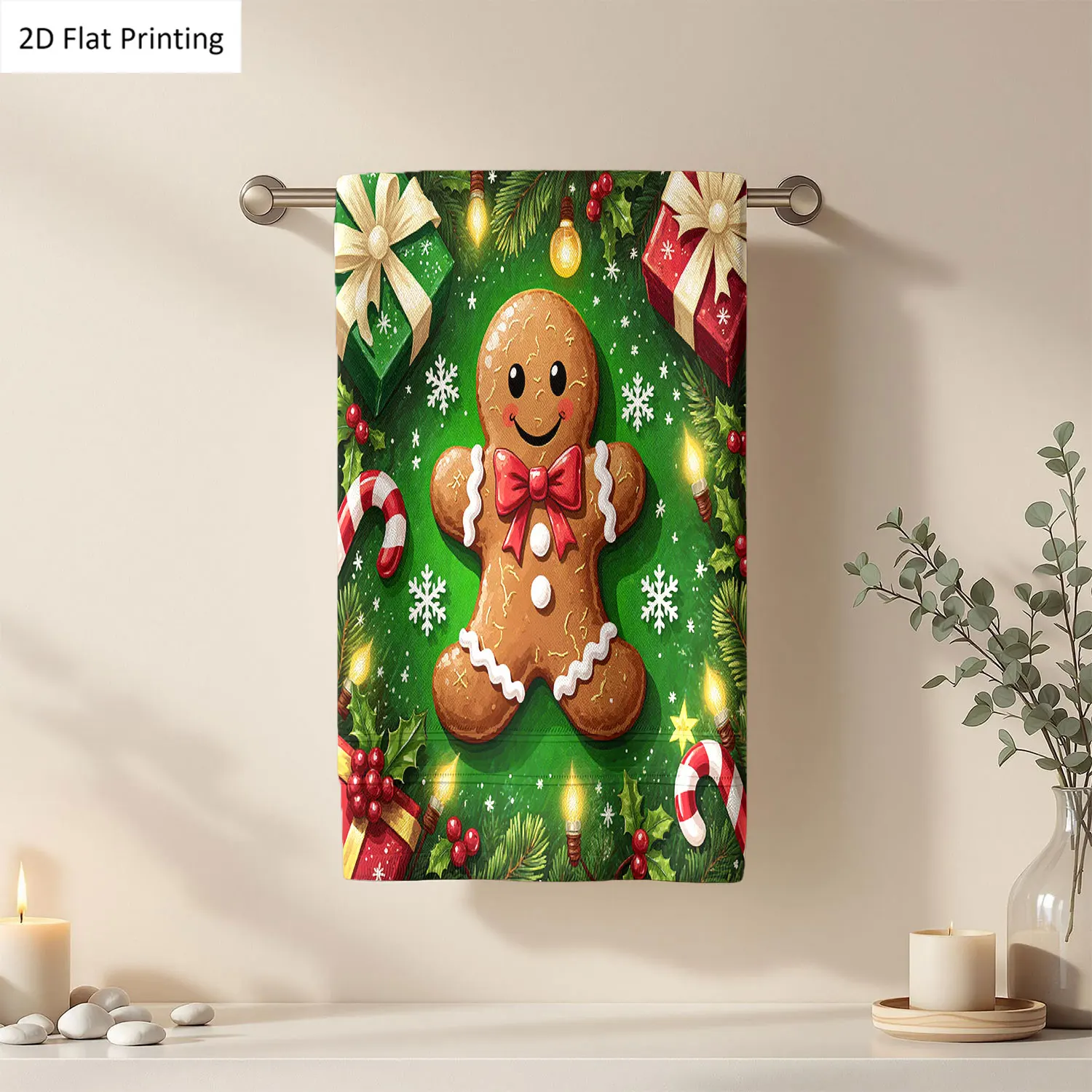 

1Pc Christmas Gingerbread Man Gifts Candy Canes Green Bathroom Hand Towel Bath Towel, Multiple Size Microfiber Polyester Towel, Unique Home Decorative Kitchen Towels, Festival Bathroom Accessories Decor, Quick Dry and Absorbent