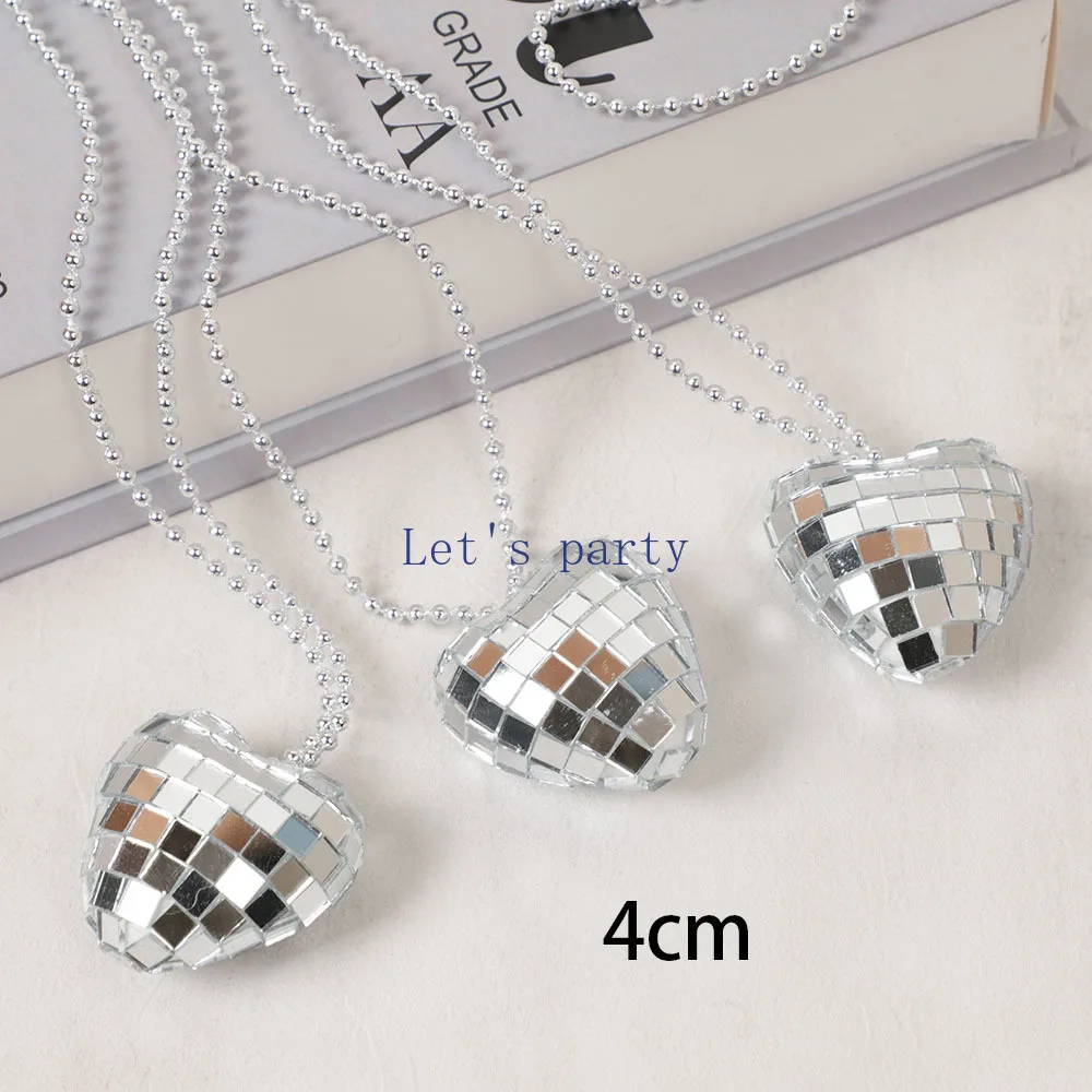 2/4Pcs Retro Mirror Disco Ball Heart Necklaces for 70s 80s Disco Music Theme Birthday Valentine\'s Day Wedding Party Favors Decor