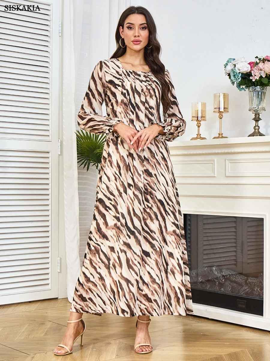Siskakia Dubai Stampa leopardata Manica in bundle Abaya Elegante abito decorato con strass Abiti marocchini da donna