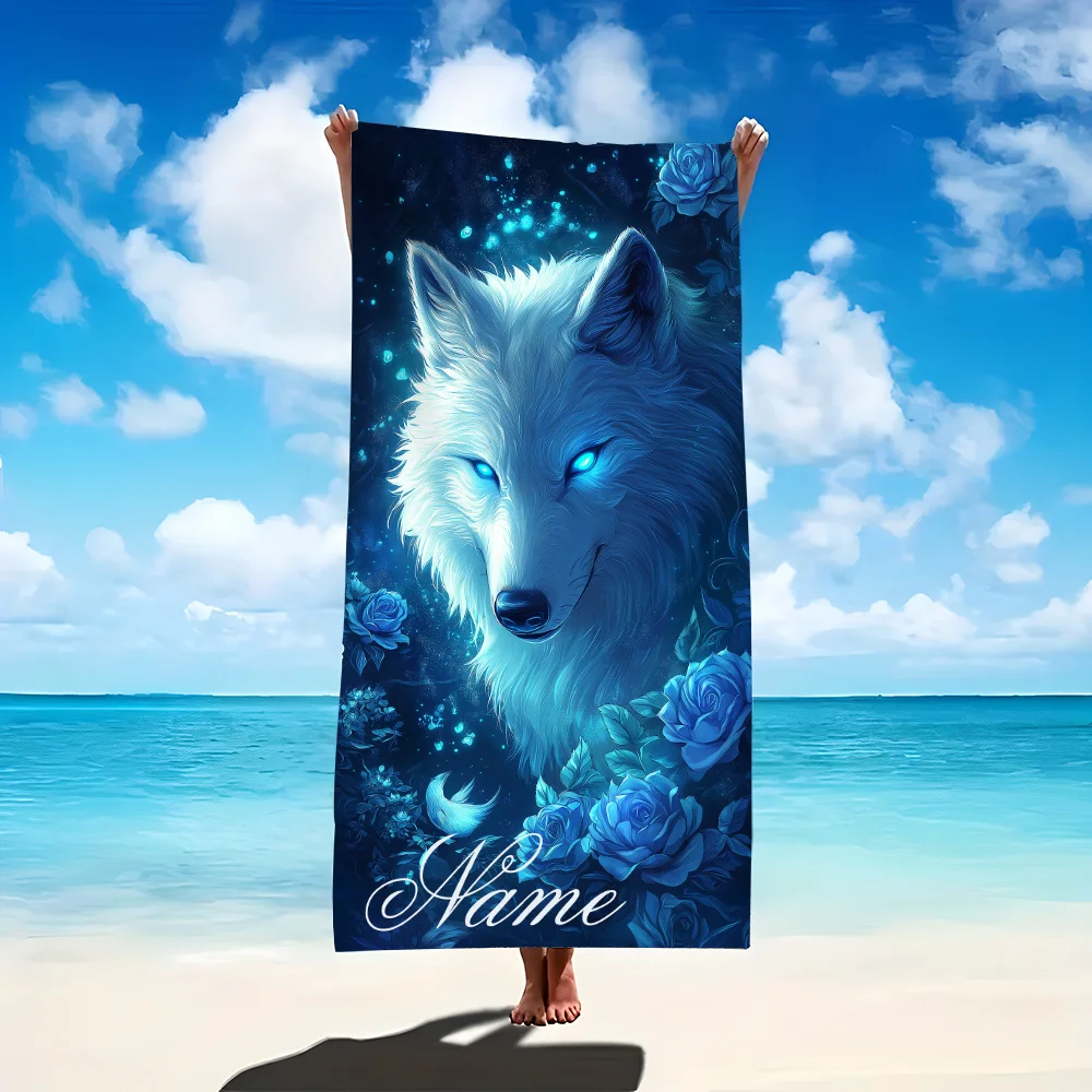 Custom White Wolf Beach Towel Personalized Name Blue Rose Microfiber Bath Towel 160x80cm Soft Quick Dry