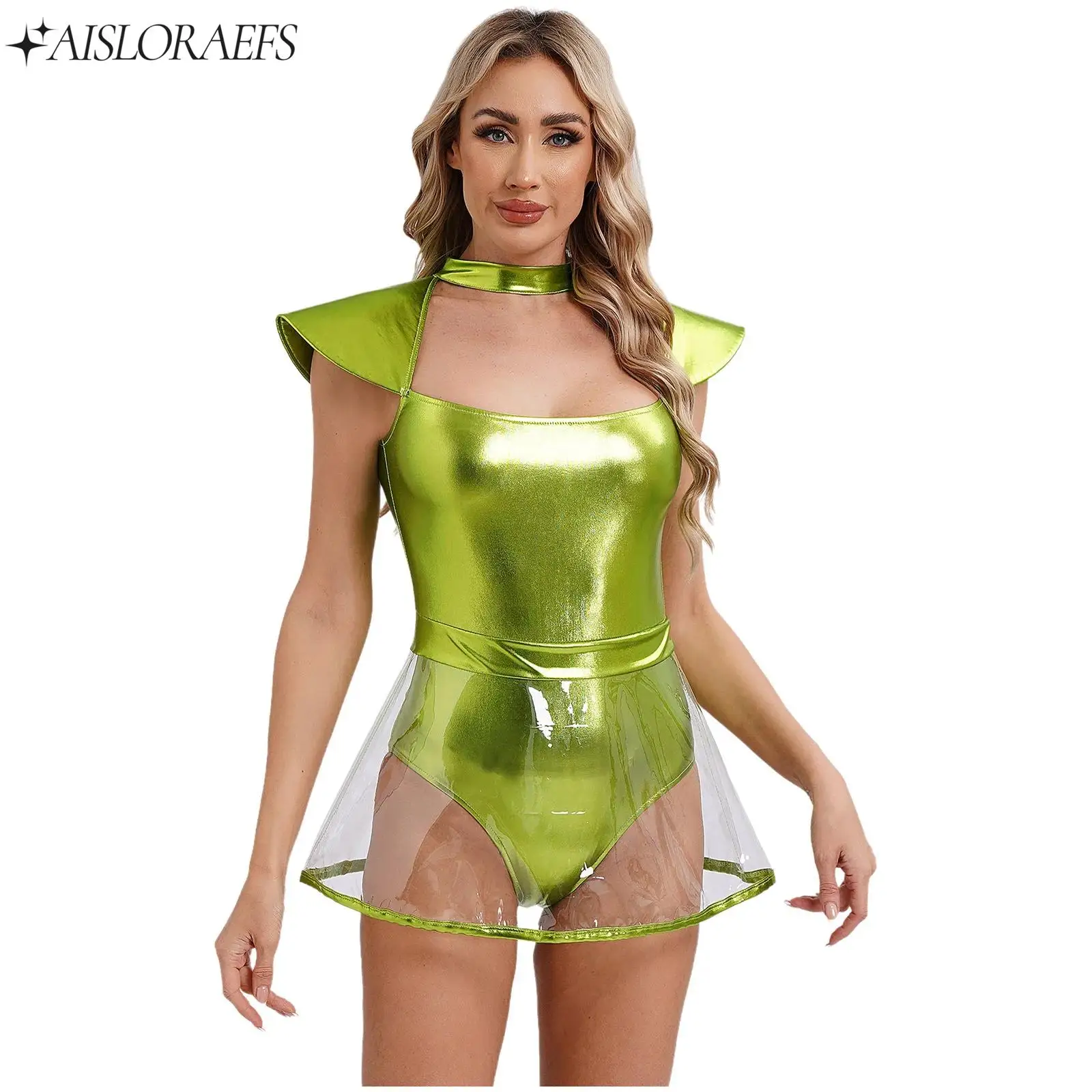 

Womens Space Alien Cospaly Costume Bodysuit with PVC Skirt One Piece Swimsuit for Halloween Carnivals Fancy Dress Performance