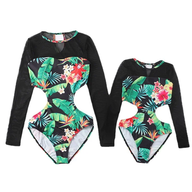 2026 Parent-child Swimsuit New Long-sleeved Printed One-piece Sets Mommy Girls Beach Bikini Children's Swimming Clothing Suits