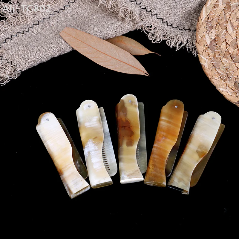 

Складная расческа из рога яка с клипсой для кармана, инструмент для укладки бороды и усов, парикмахерский инструмент